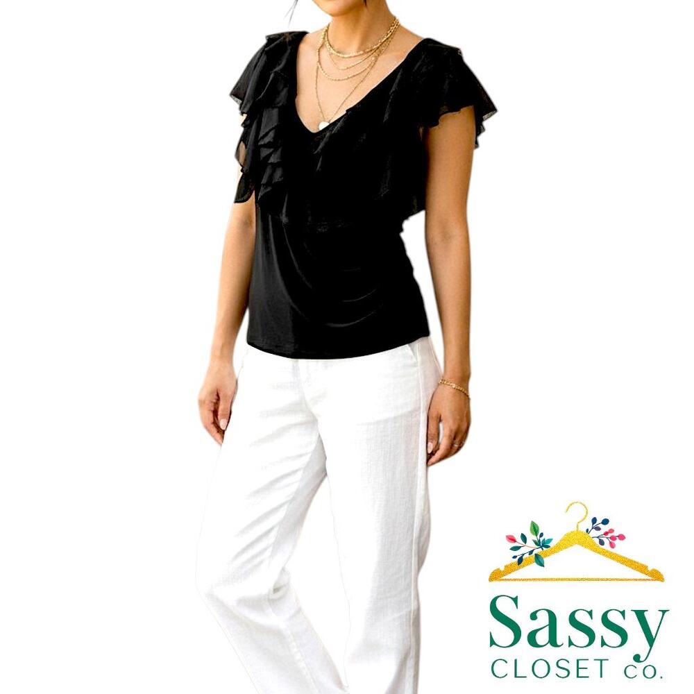 WHBM Black Ruffle Faux‑Wrap Flutter Sleeve Beaded Trim Top Size M EUC